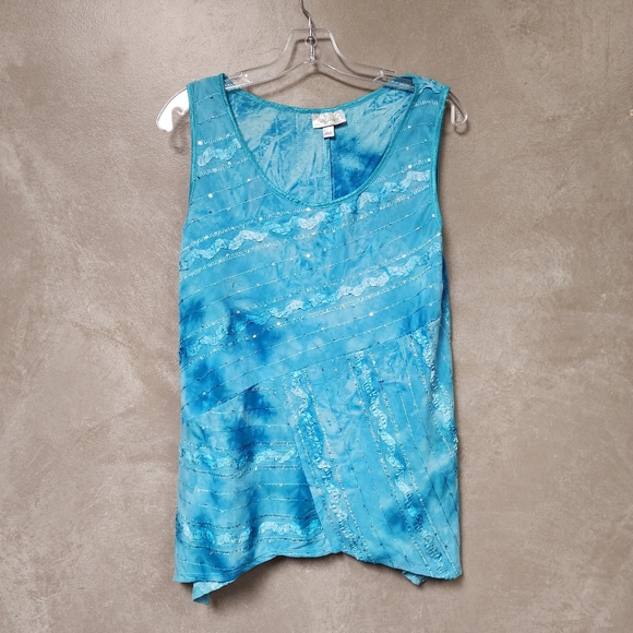 Dress Barn Blue Sleeveless Shirt with Sequins and Raised Embroidered Design Sz L - Picture 3 of 8
